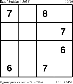 The grouppuzzles.com Easy Sudoku-4-5678 puzzle for Monday February 12, 2024
