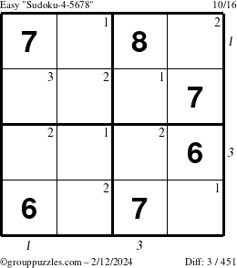The grouppuzzles.com Easy Sudoku-4-5678 puzzle for Monday February 12, 2024 with all 3 steps marked