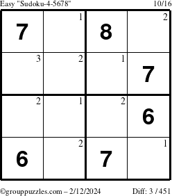 The grouppuzzles.com Easy Sudoku-4-5678 puzzle for Monday February 12, 2024 with the first 3 steps marked