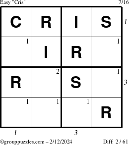 The grouppuzzles.com Easy Cris puzzle for Monday February 12, 2024 with all 2 steps marked