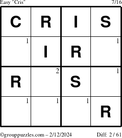 The grouppuzzles.com Easy Cris puzzle for Monday February 12, 2024 with the first 2 steps marked