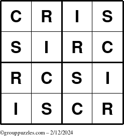 The grouppuzzles.com Answer grid for the Cris puzzle for Monday February 12, 2024