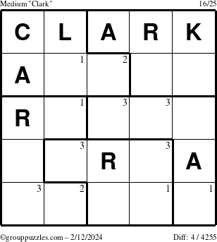The grouppuzzles.com Medium Clark puzzle for Monday February 12, 2024 with the first 3 steps marked