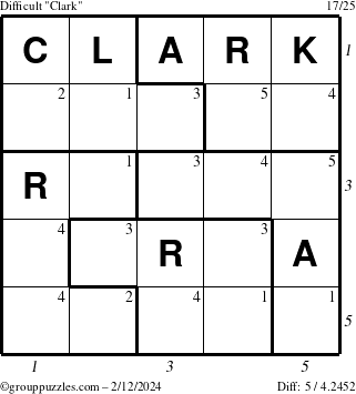 The grouppuzzles.com Difficult Clark puzzle for Monday February 12, 2024 with all 5 steps marked