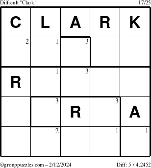 The grouppuzzles.com Difficult Clark puzzle for Monday February 12, 2024 with the first 3 steps marked