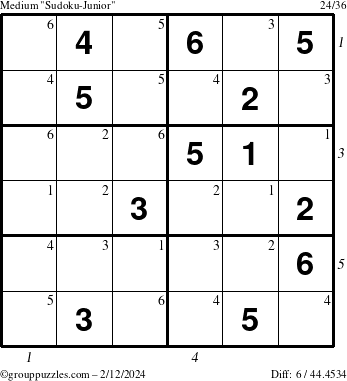 The grouppuzzles.com Medium Sudoku-Junior puzzle for Monday February 12, 2024 with all 6 steps marked