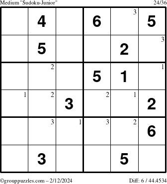 The grouppuzzles.com Medium Sudoku-Junior puzzle for Monday February 12, 2024 with the first 3 steps marked