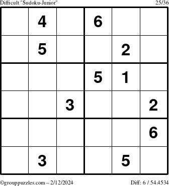 The grouppuzzles.com Difficult Sudoku-Junior puzzle for Monday February 12, 2024
