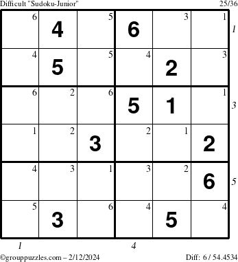 The grouppuzzles.com Difficult Sudoku-Junior puzzle for Monday February 12, 2024 with all 6 steps marked