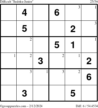 The grouppuzzles.com Difficult Sudoku-Junior puzzle for Monday February 12, 2024 with the first 3 steps marked