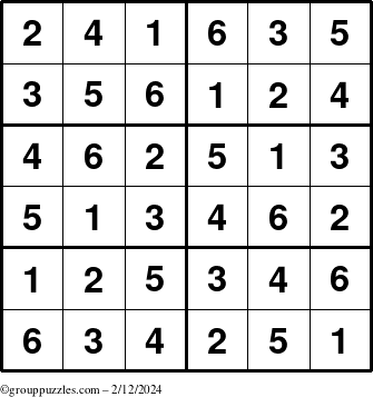 The grouppuzzles.com Answer grid for the Sudoku-Junior puzzle for Monday February 12, 2024