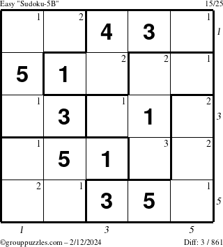 The grouppuzzles.com Easy Sudoku-5B puzzle for Monday February 12, 2024 with all 3 steps marked