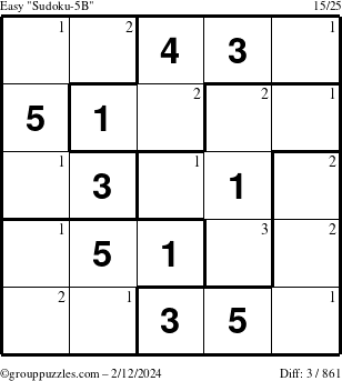 The grouppuzzles.com Easy Sudoku-5B puzzle for Monday February 12, 2024 with the first 3 steps marked