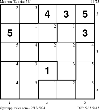 The grouppuzzles.com Medium Sudoku-5B puzzle for Monday February 12, 2024 with all 5 steps marked