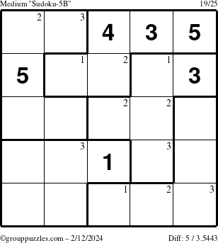 The grouppuzzles.com Medium Sudoku-5B puzzle for Monday February 12, 2024 with the first 3 steps marked