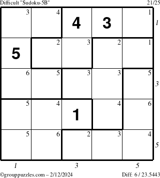 The grouppuzzles.com Difficult Sudoku-5B puzzle for Monday February 12, 2024 with all 6 steps marked