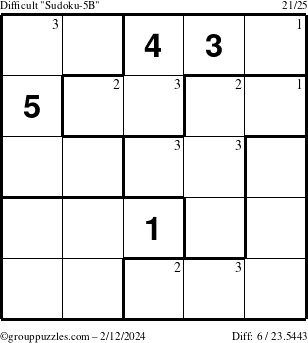 The grouppuzzles.com Difficult Sudoku-5B puzzle for Monday February 12, 2024 with the first 3 steps marked