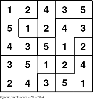The grouppuzzles.com Answer grid for the Sudoku-5B puzzle for Monday February 12, 2024