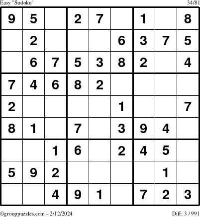The grouppuzzles.com Easy Sudoku puzzle for Monday February 12, 2024