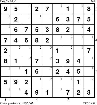 The grouppuzzles.com Easy Sudoku puzzle for Monday February 12, 2024 with all 3 steps marked
