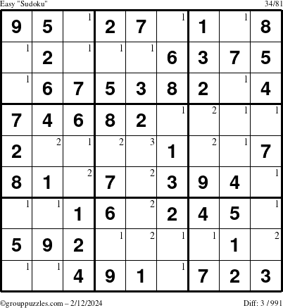 The grouppuzzles.com Easy Sudoku puzzle for Monday February 12, 2024 with the first 3 steps marked