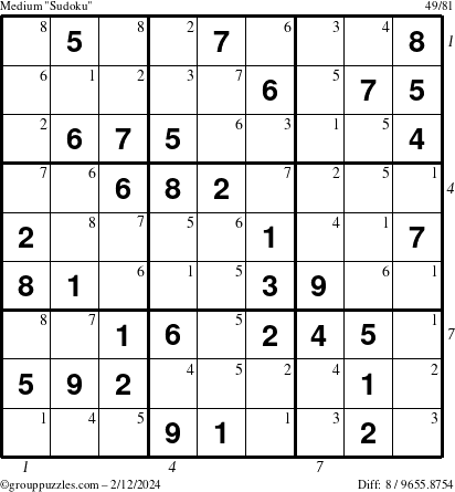The grouppuzzles.com Medium Sudoku puzzle for Monday February 12, 2024 with all 8 steps marked
