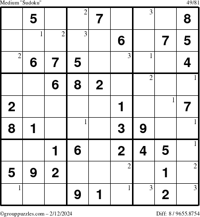 The grouppuzzles.com Medium Sudoku puzzle for Monday February 12, 2024 with the first 3 steps marked