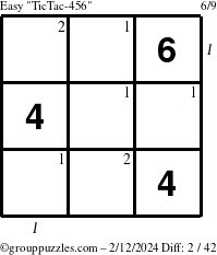 The grouppuzzles.com Easy TicTac-456 puzzle for Monday February 12, 2024 with all 2 steps marked