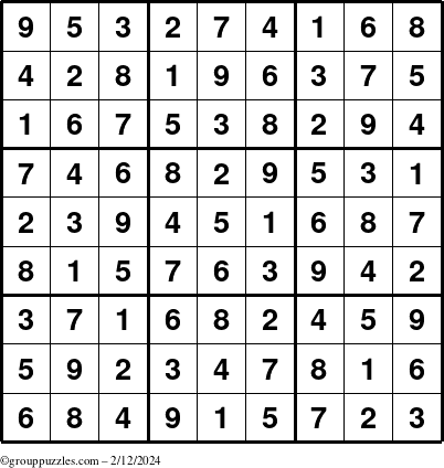 The grouppuzzles.com Answer grid for the Sudoku puzzle for Monday February 12, 2024