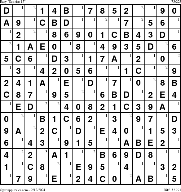 The grouppuzzles.com Easy Sudoku-15 puzzle for Monday February 12, 2024 with the first 3 steps marked