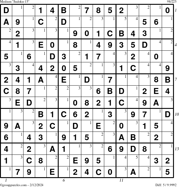 The grouppuzzles.com Medium Sudoku-15 puzzle for Monday February 12, 2024 with all 5 steps marked