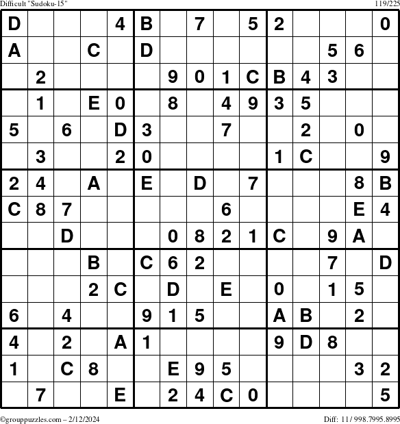 The grouppuzzles.com Difficult Sudoku-15 puzzle for Monday February 12, 2024