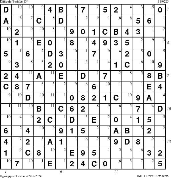 The grouppuzzles.com Difficult Sudoku-15 puzzle for Monday February 12, 2024 with all 11 steps marked