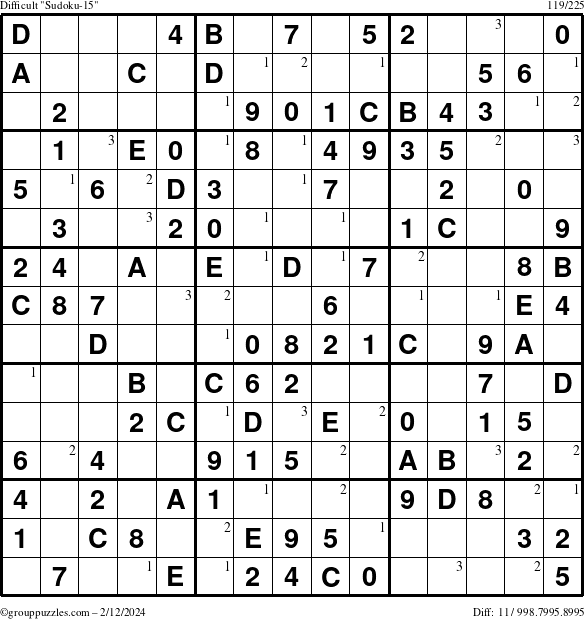 The grouppuzzles.com Difficult Sudoku-15 puzzle for Monday February 12, 2024 with the first 3 steps marked