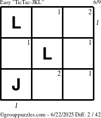 The grouppuzzles.com Easy TicTac-JKL puzzle for Sunday June 22, 2025 with all 2 steps marked