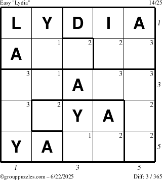 The grouppuzzles.com Easy Lydia puzzle for Sunday June 22, 2025 with all 3 steps marked