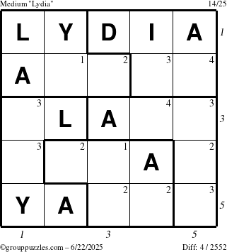 The grouppuzzles.com Medium Lydia puzzle for Sunday June 22, 2025 with all 4 steps marked