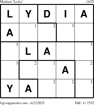 The grouppuzzles.com Medium Lydia puzzle for Sunday June 22, 2025 with the first 3 steps marked