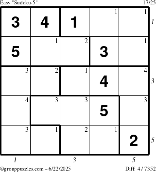 The grouppuzzles.com Easy Sudoku-5 puzzle for Sunday June 22, 2025, suitable for printing, with all 4 steps marked