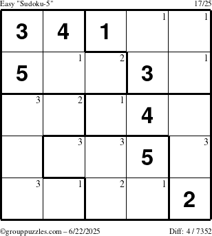 The grouppuzzles.com Easy Sudoku-5 puzzle for Sunday June 22, 2025 with the first 3 steps marked