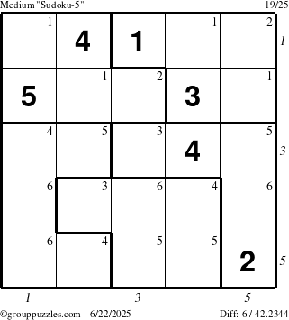 The grouppuzzles.com Medium Sudoku-5 puzzle for Sunday June 22, 2025, suitable for printing, with all 6 steps marked