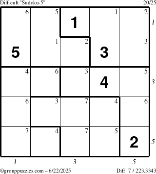 The grouppuzzles.com Difficult Sudoku-5 puzzle for Sunday June 22, 2025, suitable for printing, with all 7 steps marked