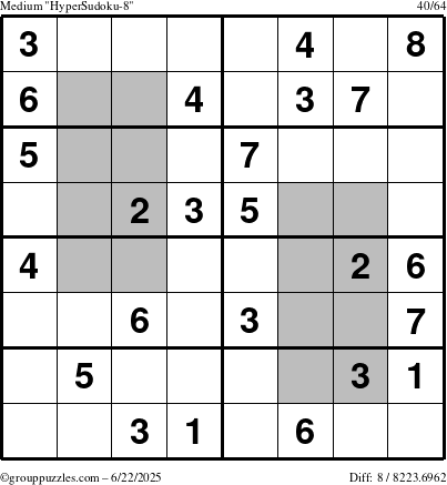 The grouppuzzles.com Medium HyperSudoku-8 puzzle for Sunday June 22, 2025