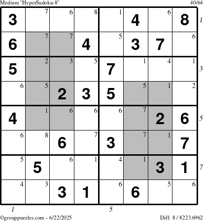 The grouppuzzles.com Medium HyperSudoku-8 puzzle for Sunday June 22, 2025 with all 8 steps marked