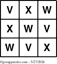 The grouppuzzles.com Answer grid for the TicTac-VWX puzzle for Wednesday May 27, 2026