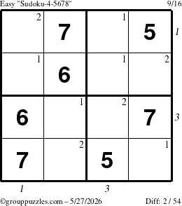 The grouppuzzles.com Easy Sudoku-4-5678 puzzle for Wednesday May 27, 2026, suitable for printing, with all 2 steps marked