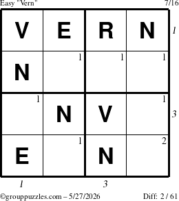 The grouppuzzles.com Easy Vern puzzle for Wednesday May 27, 2026 with all 2 steps marked