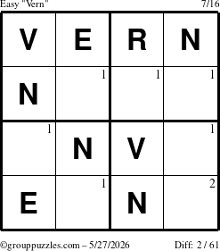The grouppuzzles.com Easy Vern puzzle for Wednesday May 27, 2026 with the first 2 steps marked