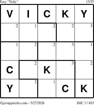 The grouppuzzles.com Easy Vicky puzzle for Wednesday May 27, 2026 with the first 3 steps marked