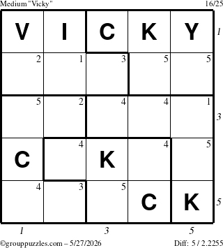 The grouppuzzles.com Medium Vicky puzzle for Wednesday May 27, 2026, suitable for printing, with all 5 steps marked